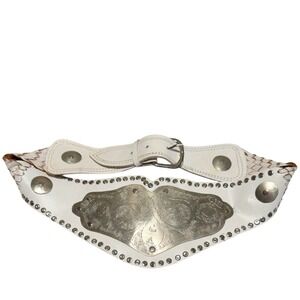 White Leather Belt Wide Silver Medallion Studded Conchos Braided Western Boho 36